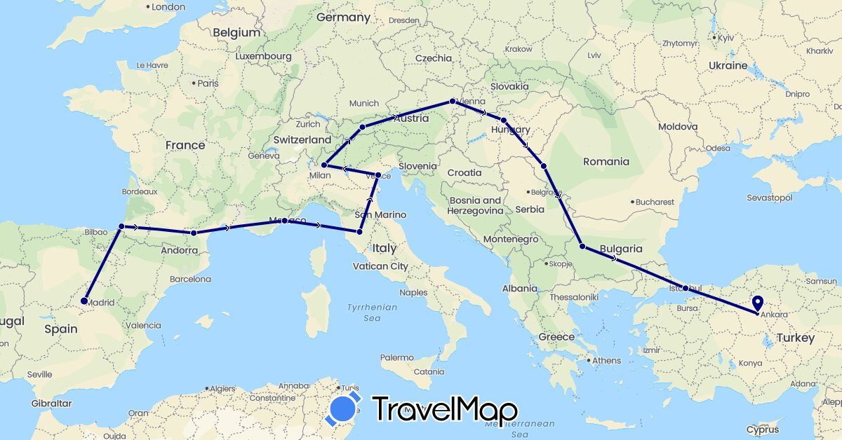 TravelMap itinerary: driving in Austria, Bulgaria, Spain, France, Hungary, Italy, Romania, Turkey (Asia, Europe)